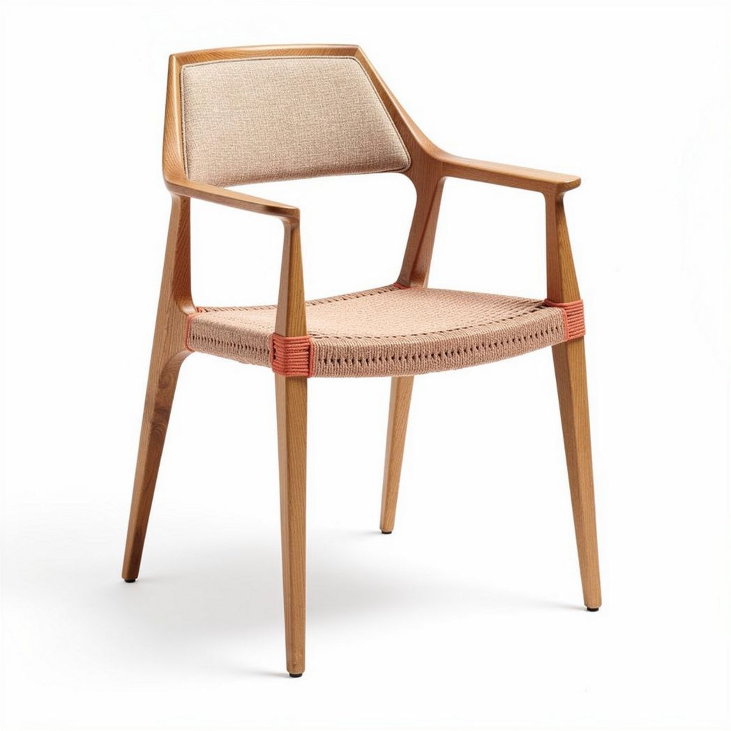 Wooden armchair with woven fabric seat and back in natural finish 55 x 55 x 80cm