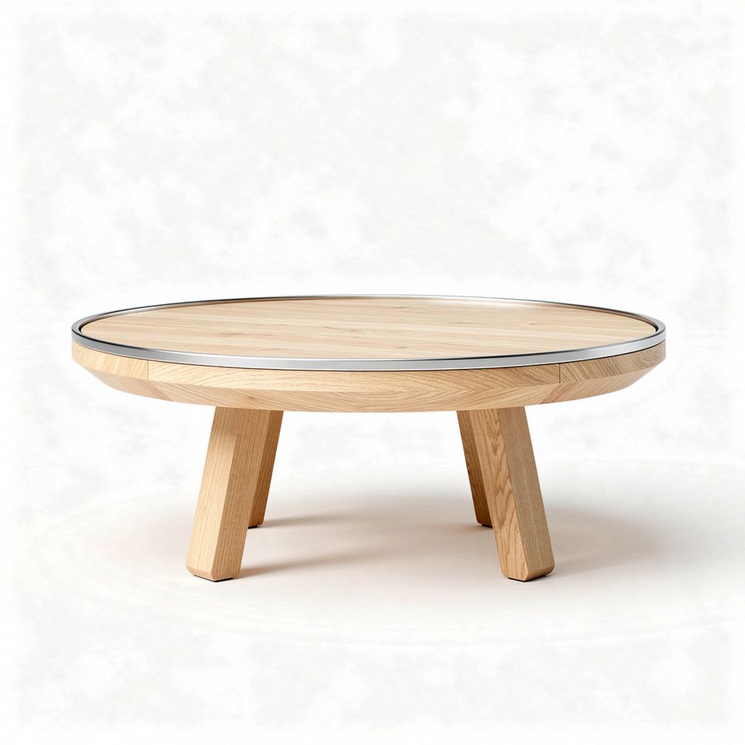 Round wooden coffee table with metal trim 80 x 80 x 35cm for living room use