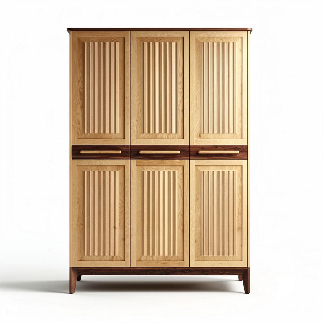 Wooden cabinet with ribbed doors and walnut accents 120 x 60 x 180cm