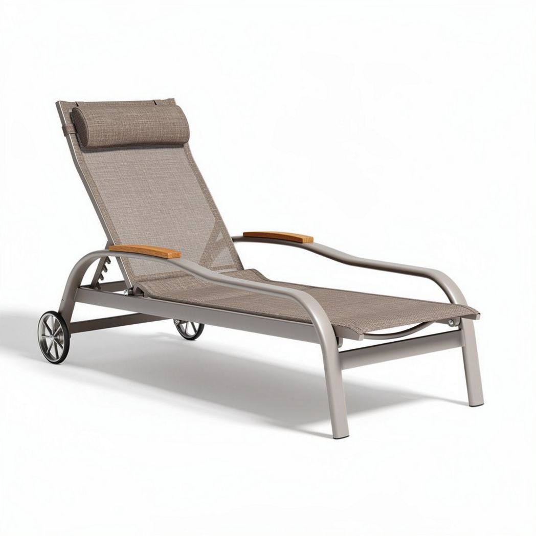 Adjustable outdoor lounge chair with padded headrest and wheels grey color