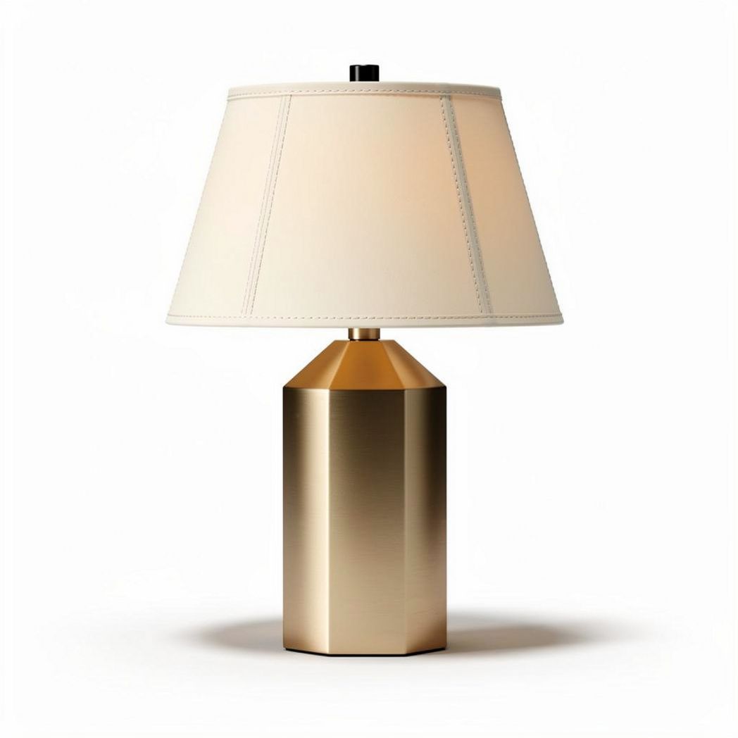 Gold metal table lamp with white fabric shade for home or office use 25 x 25 x 40cm