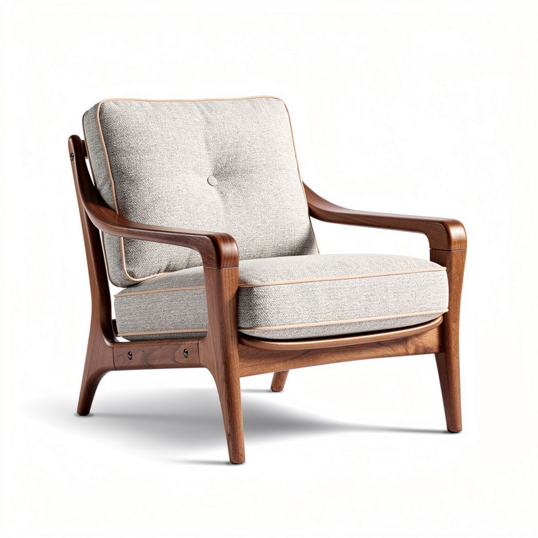 Mid-century modern armchair with upholstered fabric cushion and walnut frame 80 x 80 x 85cm