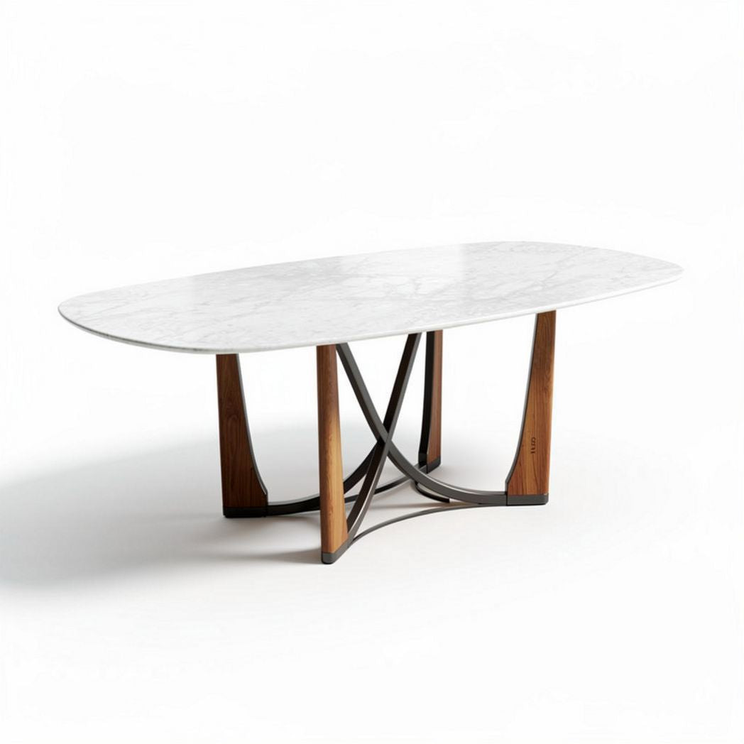 Marble top coffee table with wood and metal base in modern design