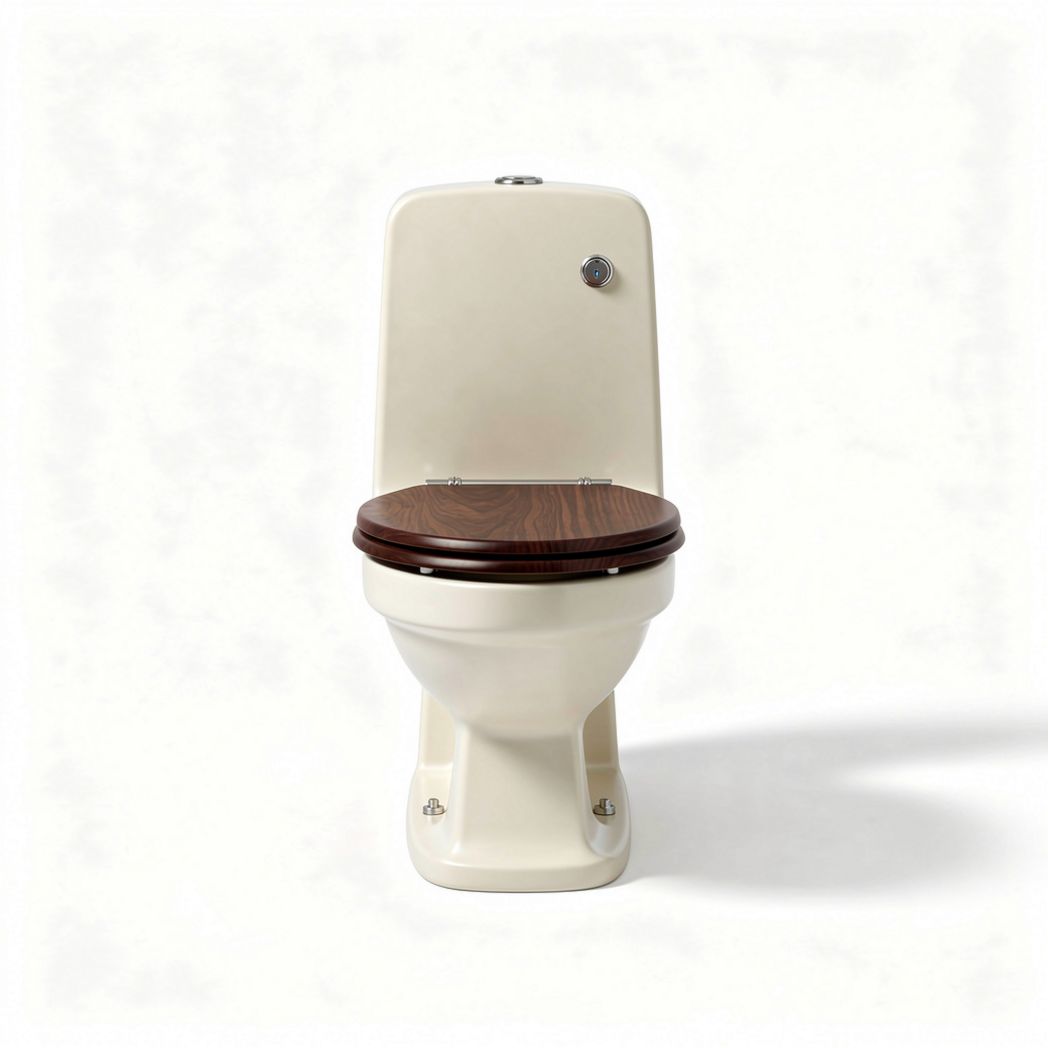 Two-piece toilet with wooden seat in cream color measures 50 x 40 x 75cm