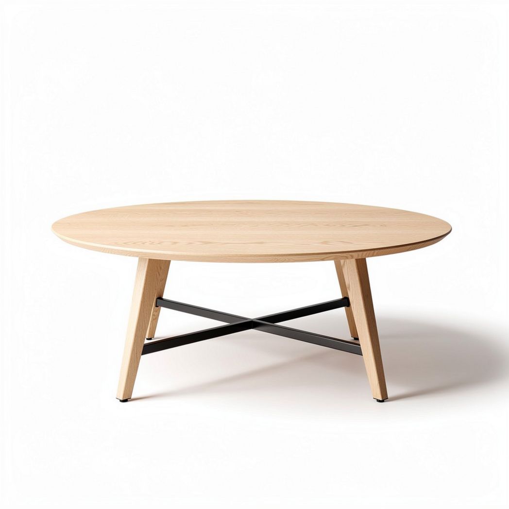 Round wooden coffee table with black metal cross base 100 x 100 x 30cm